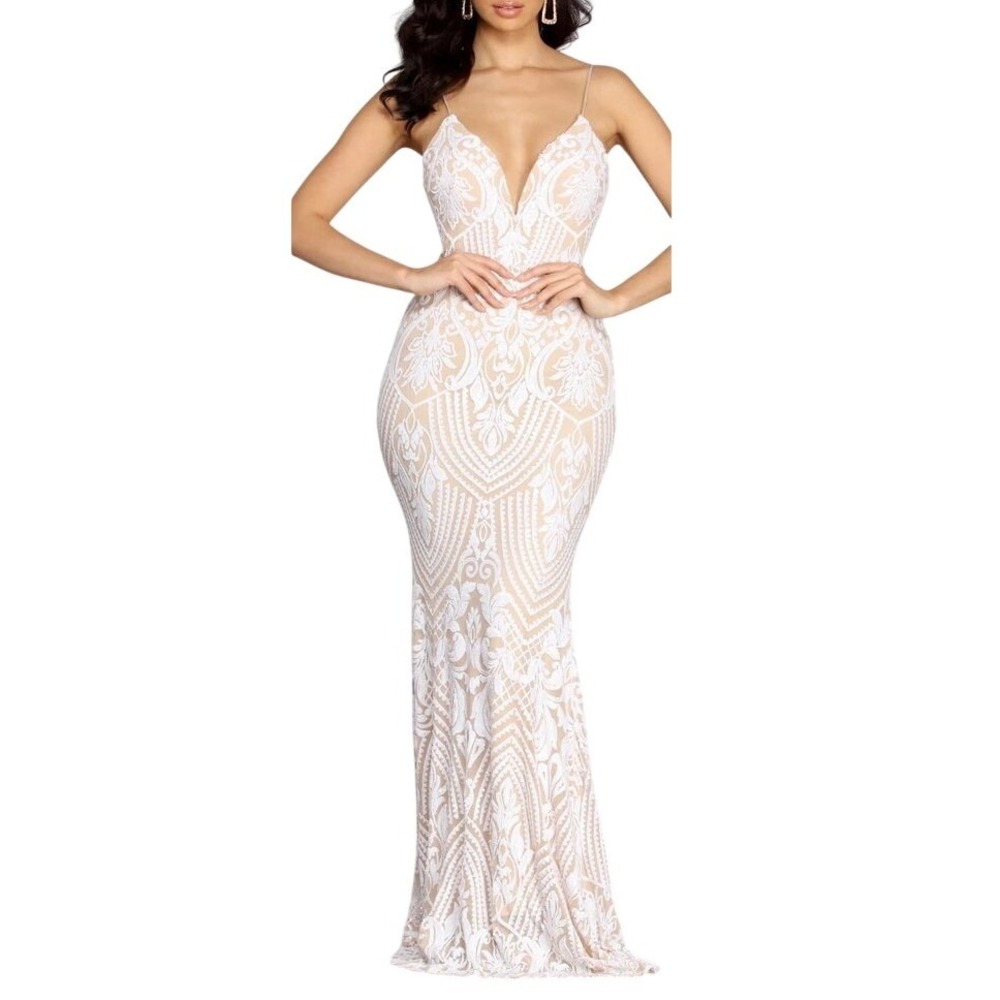 Windsor Sequin Formal Gown Dress Womens S Ivory Nude Paisley Mesh Mermaid Glam